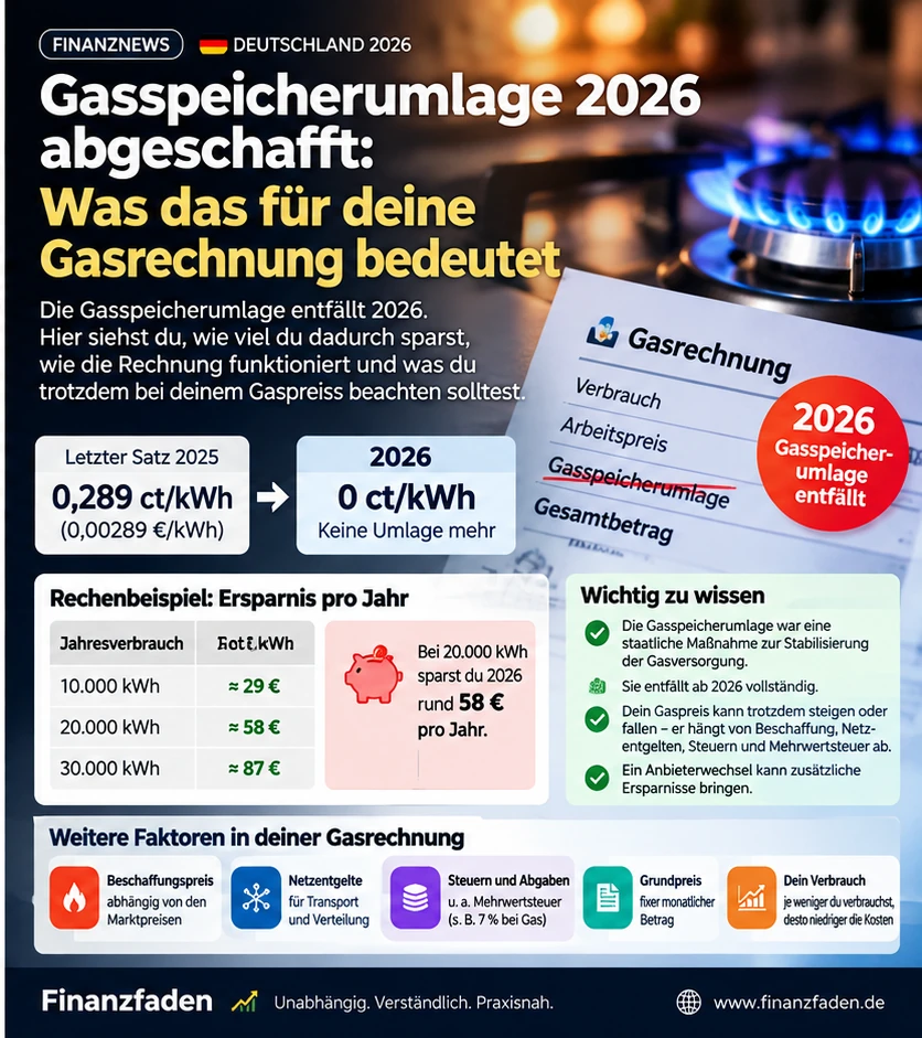 Gasrechnung 2026: Wegfall der Gasspeicherumlage mit 0,289 Cent je kWh und Beispielrechnungen