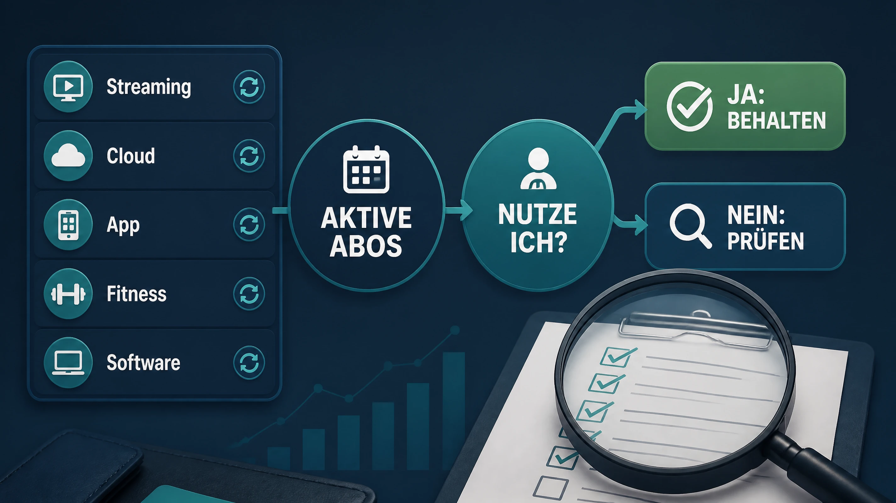 Infografik zum Prüfen und Einordnen laufender Abonnements