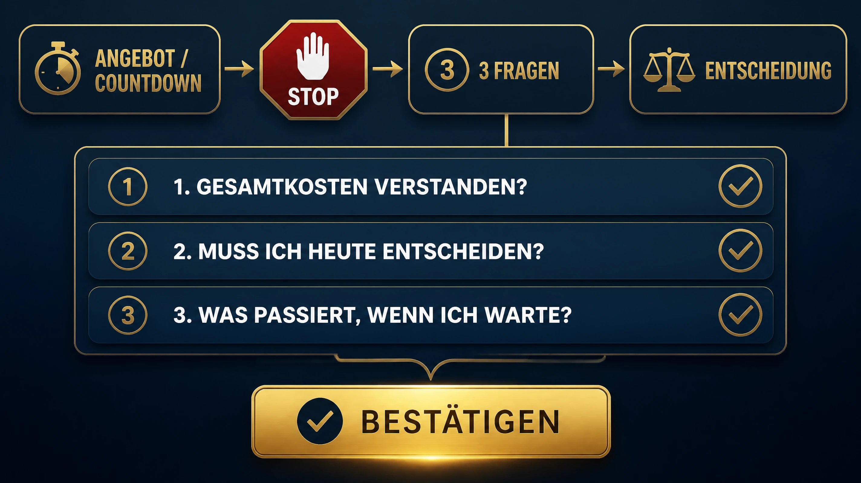 Infografik mit drei Fragen vor einer finanziellen Online-Entscheidung