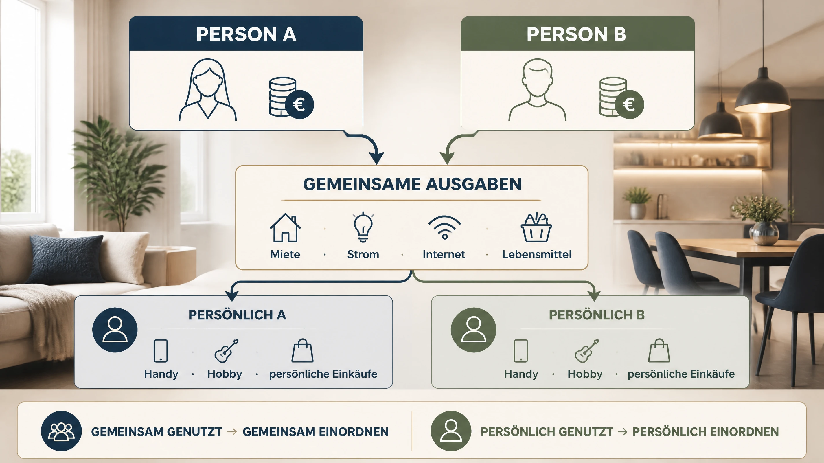 Infografik zur Trennung gemeinsamer und persönlicher Haushaltsausgaben